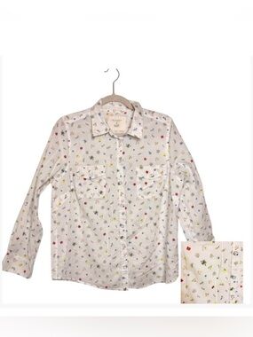 Sonoma White Bee Floral Button Down Shirt Preppy Classic Indie Nature Large